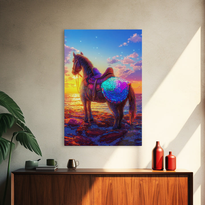 Sunset Horse On Beach Framed Canvas Print, Western Wall Art, Coastal Cowgirl Decor, Equestrian Gift For Horse Lover, Living Room Decor