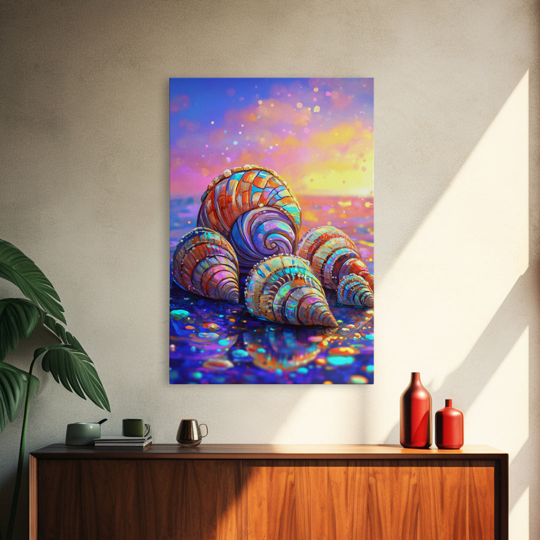 Rainbow Seashells On Sunset Shore Canvas Print, Coastal Wall Art, Beach House Decor, Ocean Wall Decor, Summer Gift For Her