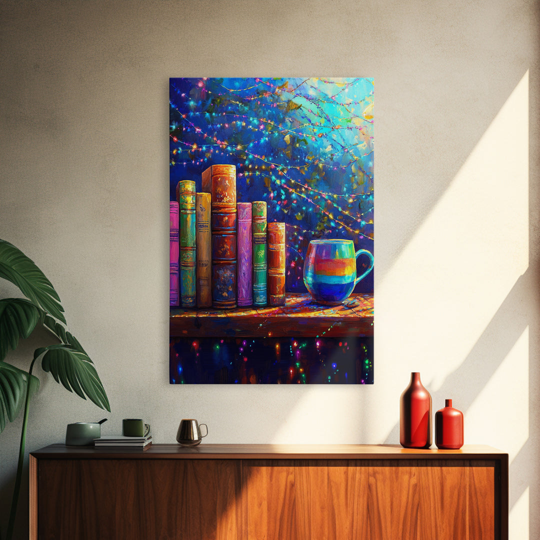 Cozy Books And Rainbow Mug Wall Art, Bookish Library Canvas Print, Reading Nook Decor, Gift For Book Lover, Cozy Home Decor