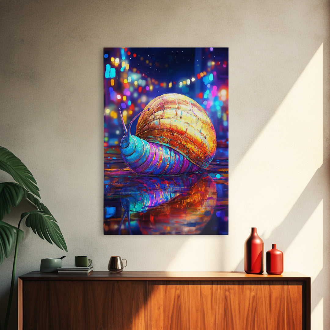 Neon Snail On Rainy Street Wall Art, Whimsical Animal Canvas Print, Cyberpunk City Decor, Funny Gift For Animal Lover, Vibrant Wall Decor