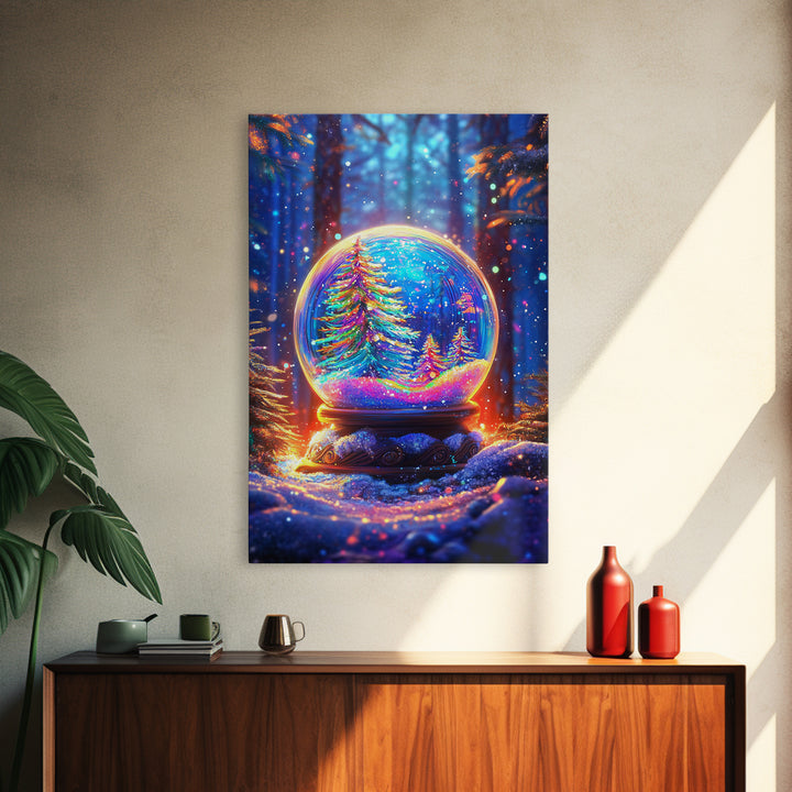 Glowing Winter Forest Snow Globe Framed Canvas Print, Christmas Wall Art, Cozy Holiday Decor, Magical Nature Gift, Living Room Decor
