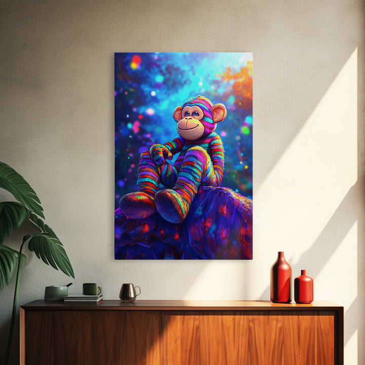 Rainbow Sock Monkey On Rock Wall Art, Whimsical Animal Canvas Print, Cute Nursery Decor, Kids Room Decor, Playroom Wall Decor