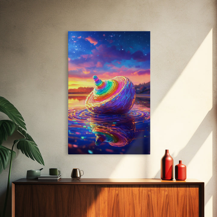 Rainbow Seashell At Sunset On Reflective Water Canvas Print, Coastal Wall Art, Beach House Decor, Ocean Art, Gift For Her