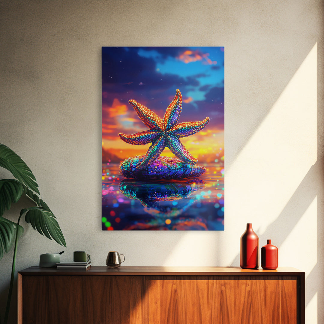 Beaded Rainbow Starfish On Shell At Sunset Canvas Print, Coastal Wall Art, Ocean Decor, Beach House Art, Gift For Her, Summer Decor