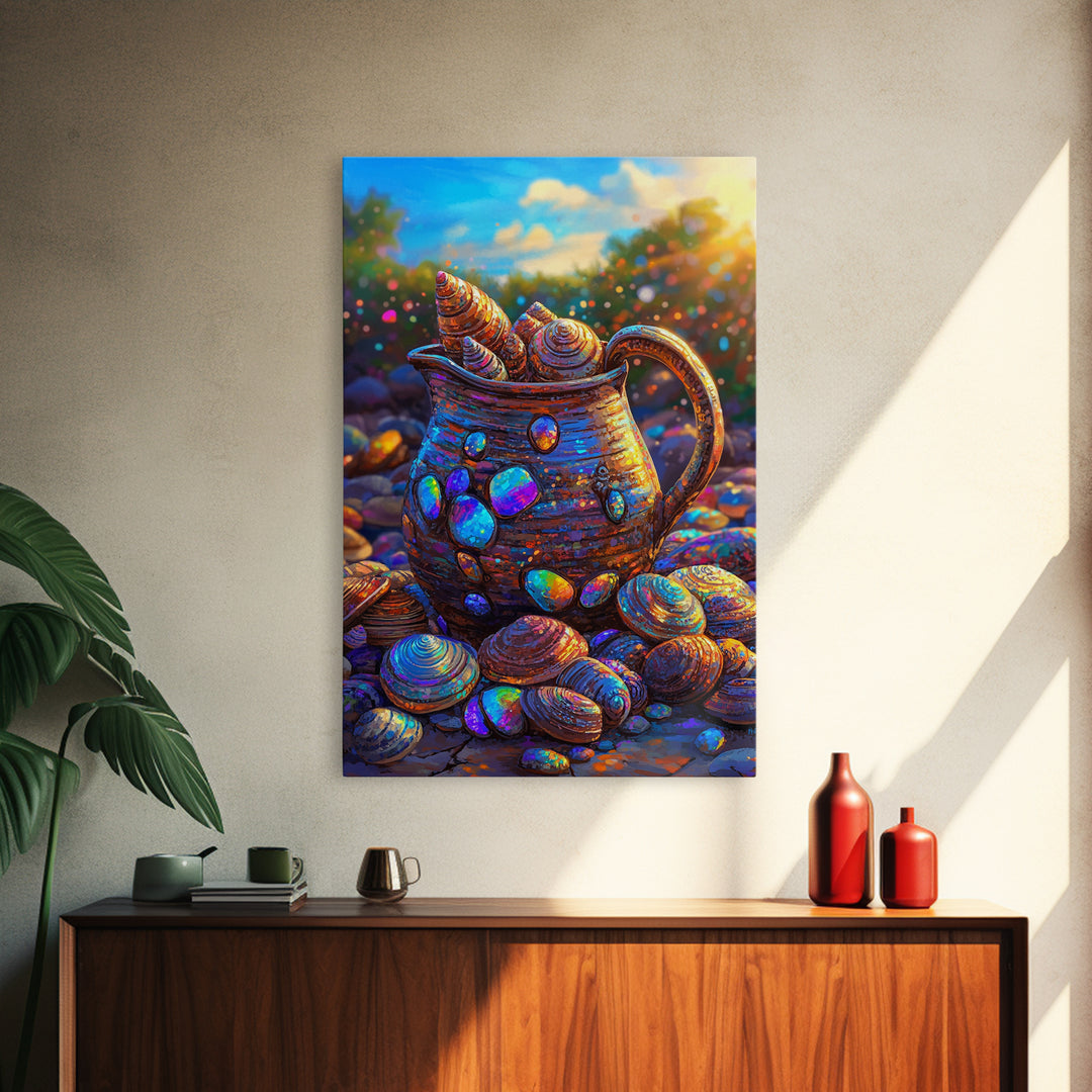 Iridescent Seashell Pitcher On Pebble Shore Wall Art, Coastal Canvas Print, Beach House Decor, Nautical Art For Living Room