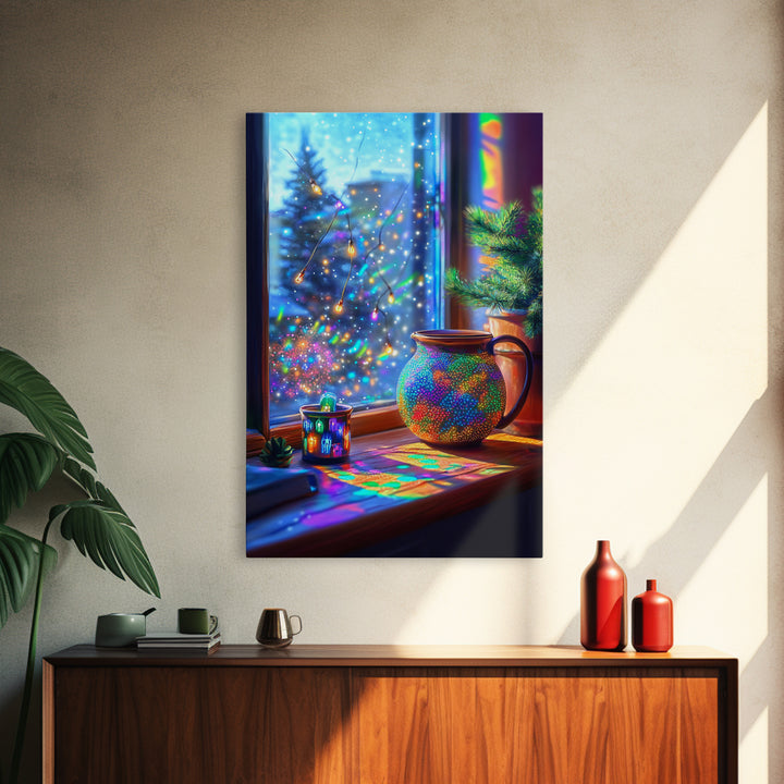 Cozy Winter Window Mug With Twinkle Lights Canvas Print, Christmas Wall Art, Colorful Home Decor, Holiday Kitchen Art Print