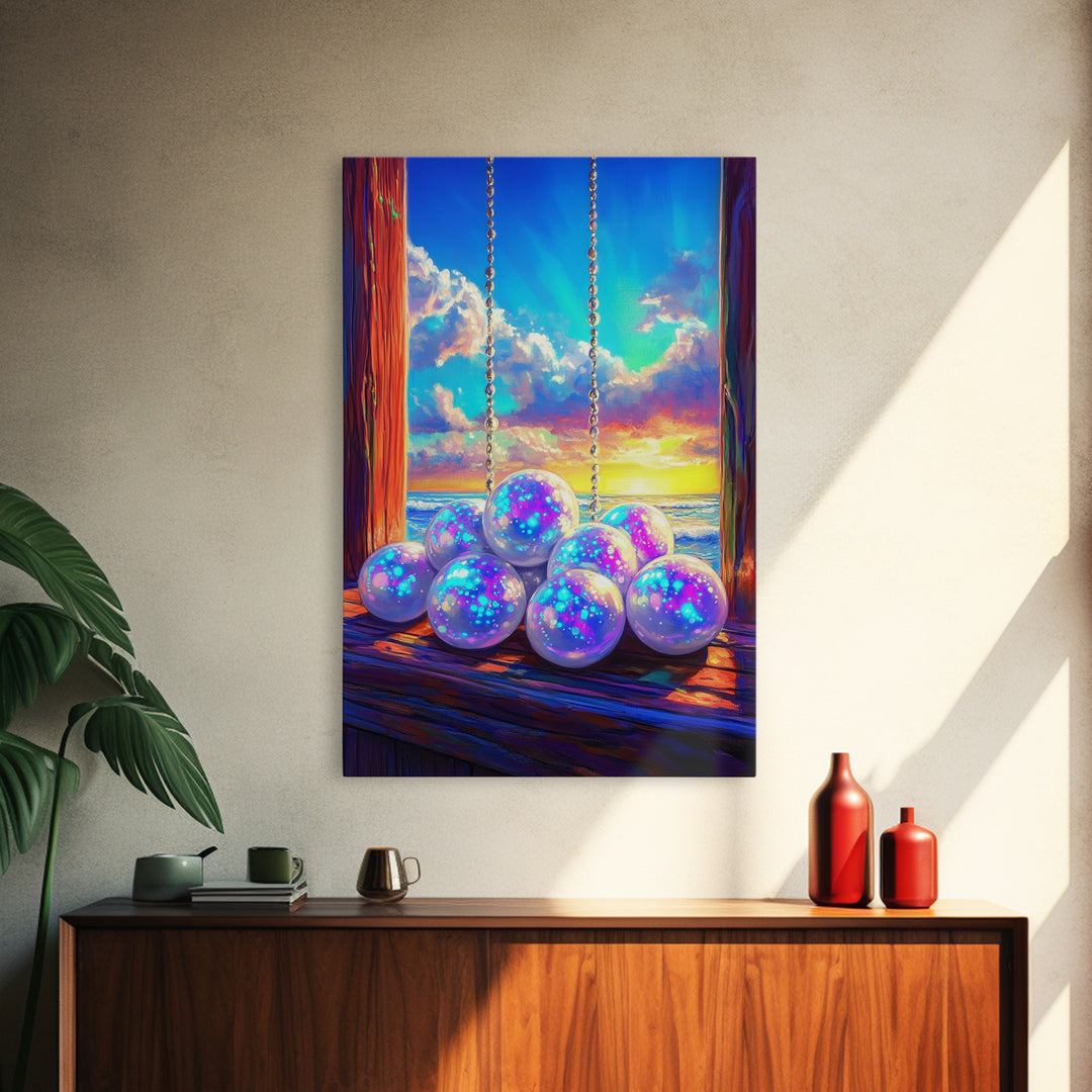 Glowing Pearl Swing At Ocean Sunset Wall Art, Coastal Canvas Print, Whimsical Beach Decor, Dreamy Seascape Art Print For Bedroom Decor