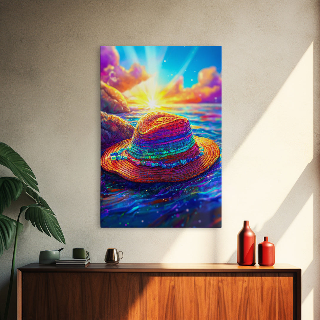 Vibrant Straw Hat Floating On Ocean Sunset Canvas Print, Tropical Beach Wall Art, Coastal Decor, Summer Vacation Gift For Her