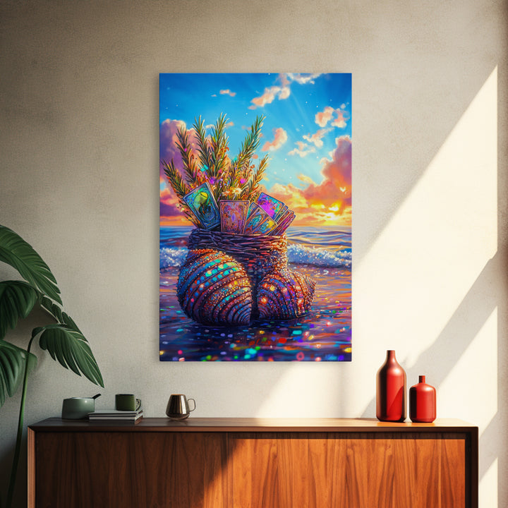 Seashell Basket With Tarot Cards At Sunset Framed Canvas Print, Coastal Wall Art, Beach House Decor, Boho Gift For Her Art