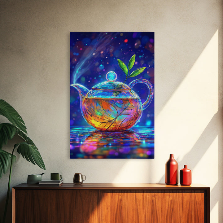 Glowing Glass Teapot With Green Leaves Canvas Print, Whimsical Kitchen Wall Art, Colorful Tea Lover Gift, Home Decor Art