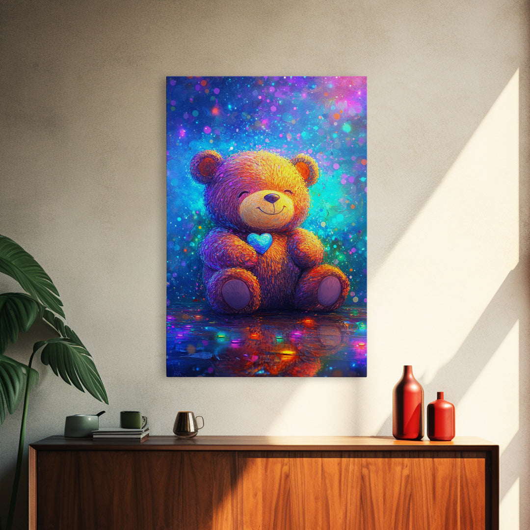 Smiling Teddy Bear With Blue Heart Wall Art, Colorful Nursery Decor, Cute Animal Art, Kids Room Canvas Print, Baby Gift Art