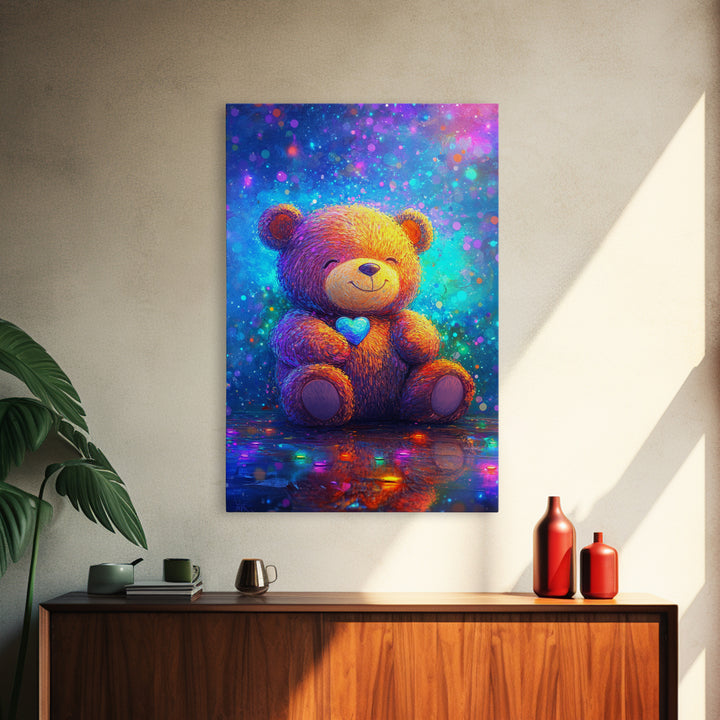 Smiling Teddy Bear With Blue Heart Wall Art, Colorful Nursery Decor, Cute Animal Art, Kids Room Canvas Print, Baby Gift Art