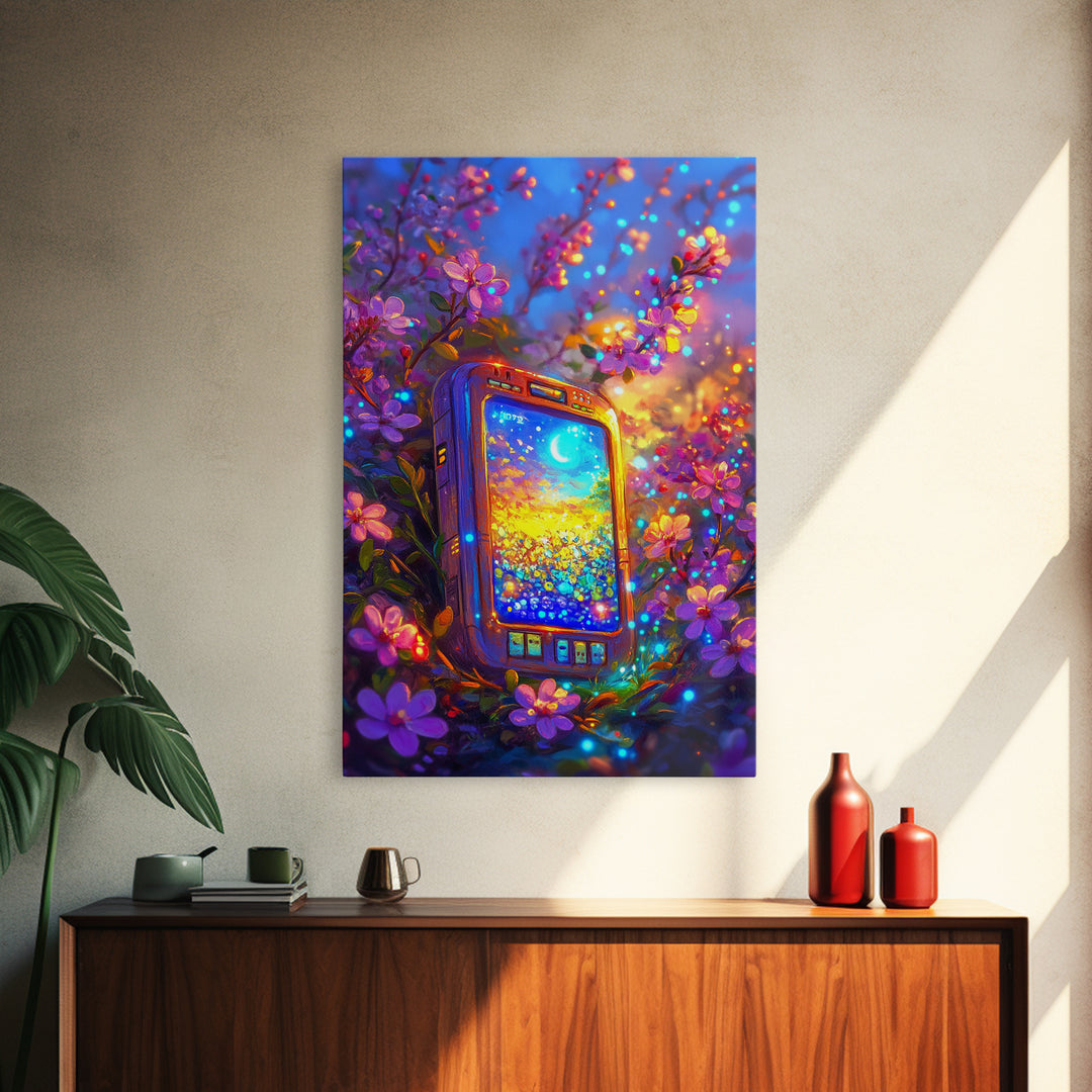 Glowing Phone Among Cherry Blossoms And Moon Wall Art, Celestial Floral Fantasy Canvas Print, Whimsical Nursery Decor Gift