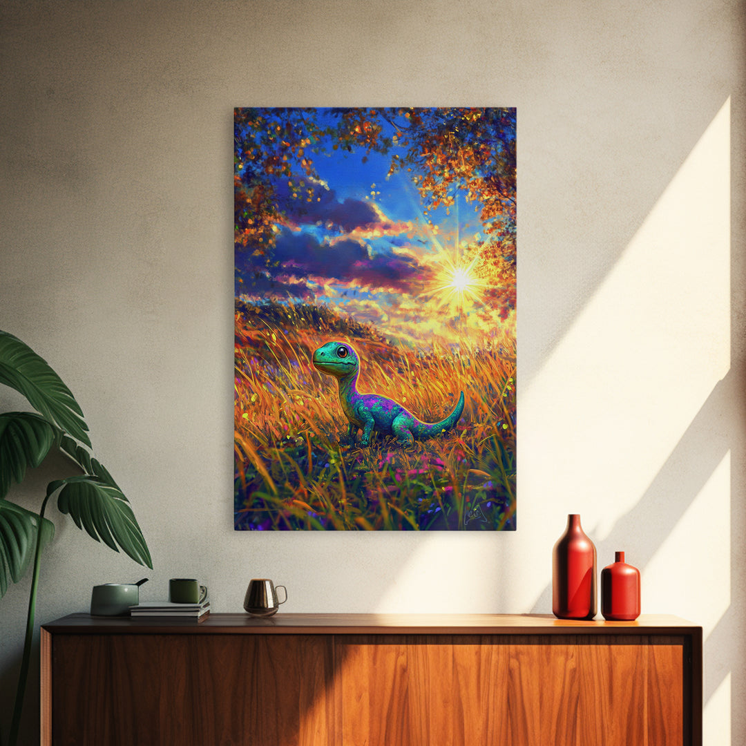 Cute Baby Dinosaur In Golden Meadow Wall Art, Colorful Safari Nursery Canvas Print, Whimsical Kids Room Decor, Unique Gift