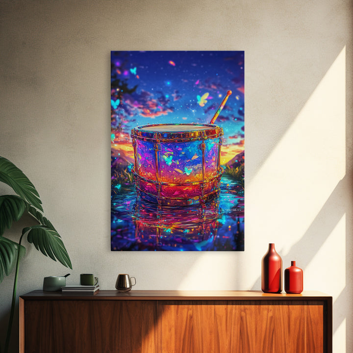 Glowing Drum With Butterflies At Sunset Wall Art, Colorful Music Studio Room Decor, Whimsical Canvas Print, Music Lover Gift