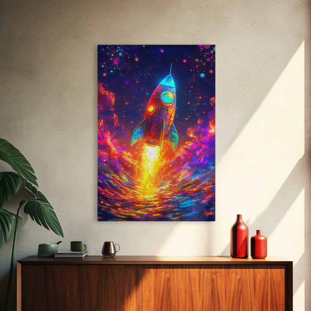 Neon Rocket Launch Over Ocean Wall Art, Colorful Space Decor, Sci Fi Art Print, Futuristic Nursery And Kids Game Room Gift