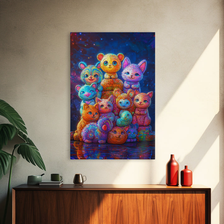 Colorful Plush Animal Friends And Kittens Wall Art, Whimsical Animal Art, Nursery Wall Art, Playroom Decor, Cute Kids Print