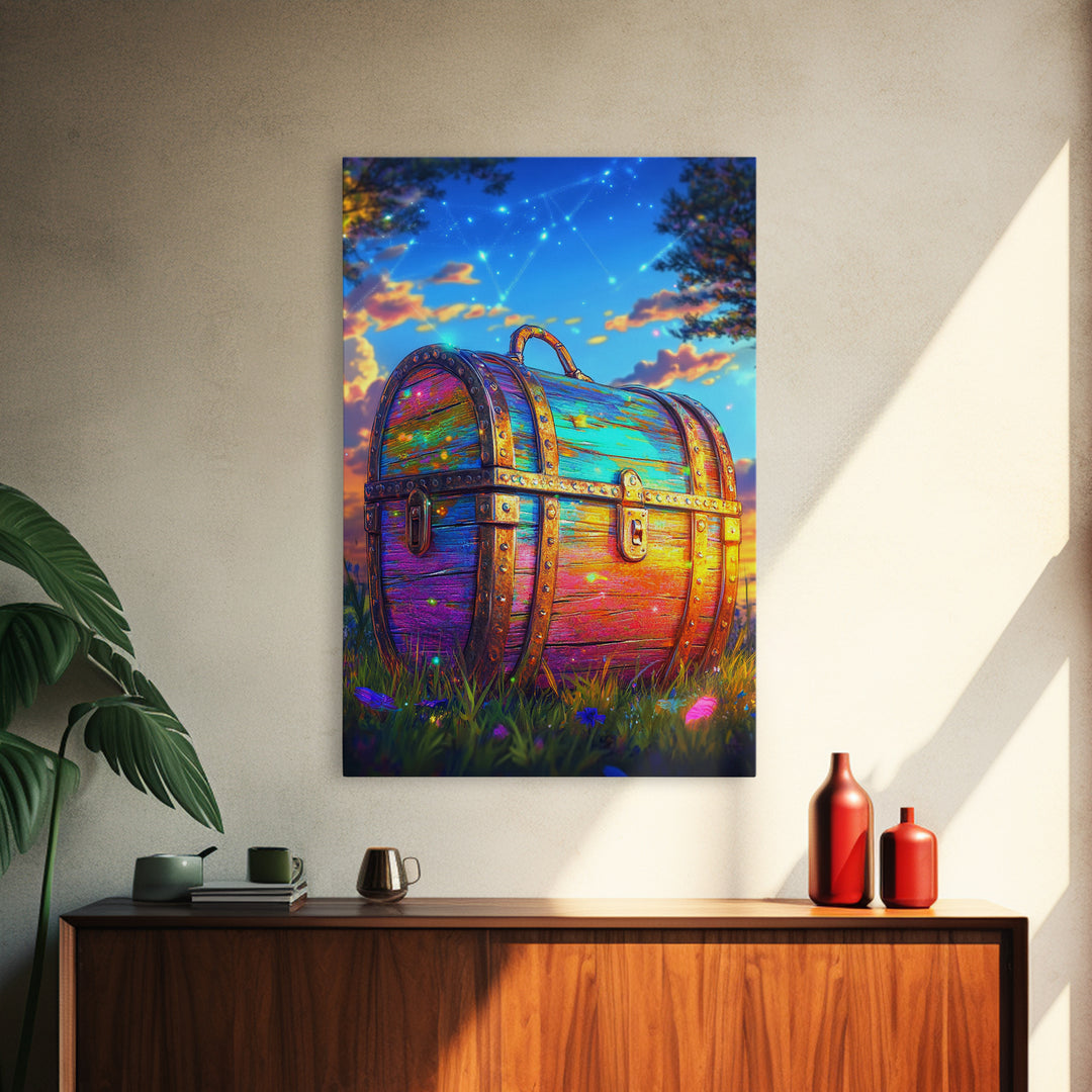 Rainbow Treasure Chest In Meadow At Sunset Framed Canvas Print, Fantasy Wall Art, Whimsical Decor, Celestial Kids Room Art