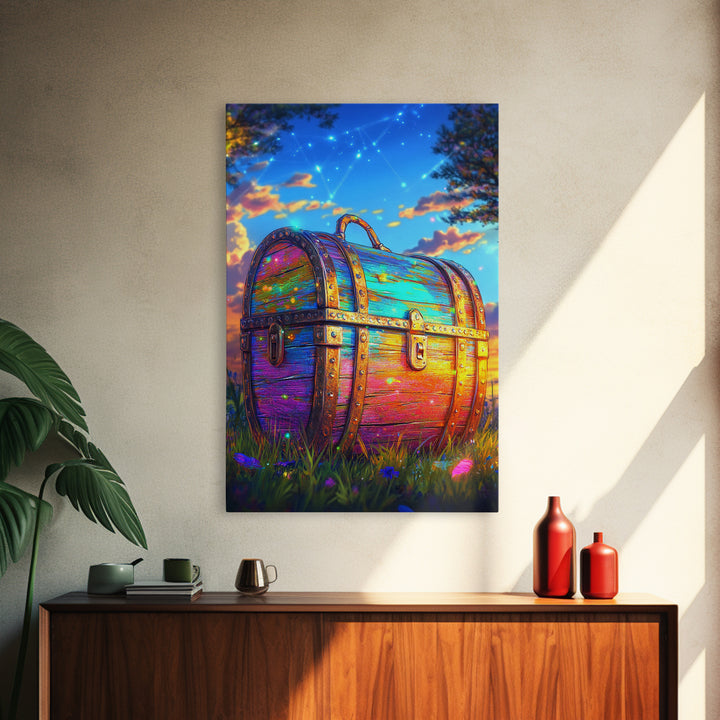 Rainbow Treasure Chest In Meadow At Sunset Framed Canvas Print, Fantasy Wall Art, Whimsical Decor, Celestial Kids Room Art