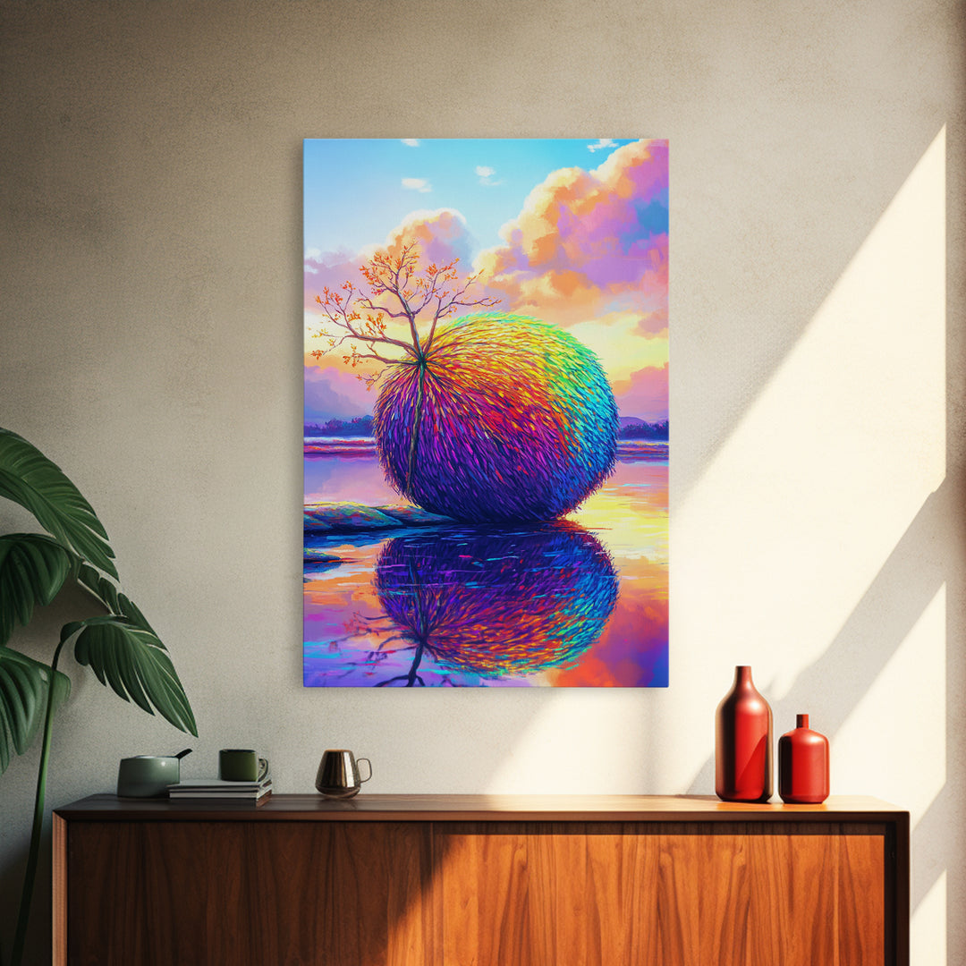 Rainbow Sphere Tree Beside Reflective Lake Wall Art, Surreal Landscape Art, Colorful Nature Decor, Modern Canvas Wall Art