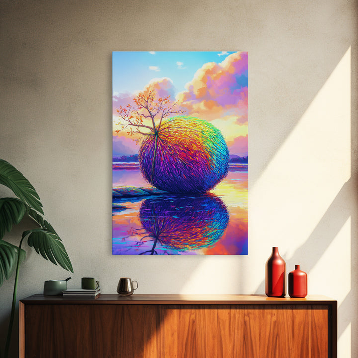 Rainbow Sphere Tree Beside Reflective Lake Wall Art, Surreal Landscape Art, Colorful Nature Decor, Modern Canvas Wall Art