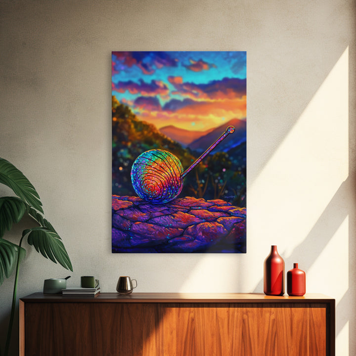 Rainbow Snail On Mountain Stone Canvas Print, Whimsical Animal Art, Colorful Nature Decor, Fantasy Living Room Wall Art Gift