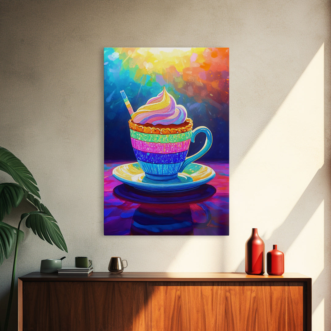 Rainbow Cupcake In Teacup Kitchen Wall Art, Whimsical Dessert Art Print, Colorful Bakery Decor, Cute Cafe Canvas Print Gift
