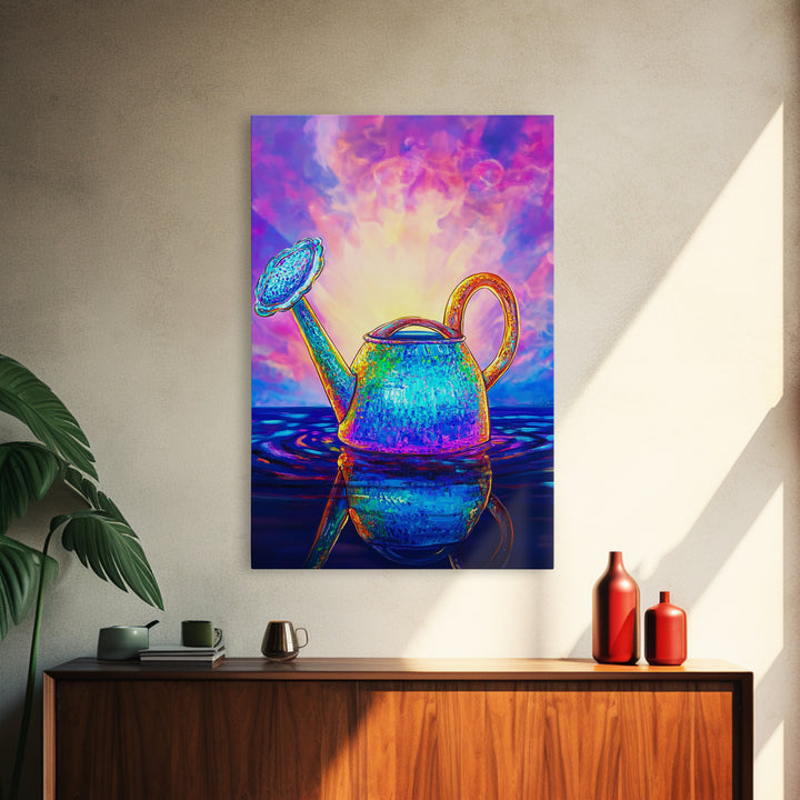 Radiant Watering Can At Sunrise Wall Art, Colorful Garden Decor, Whimsical Botanical Art Print, Vibrant Canvas Print Gift