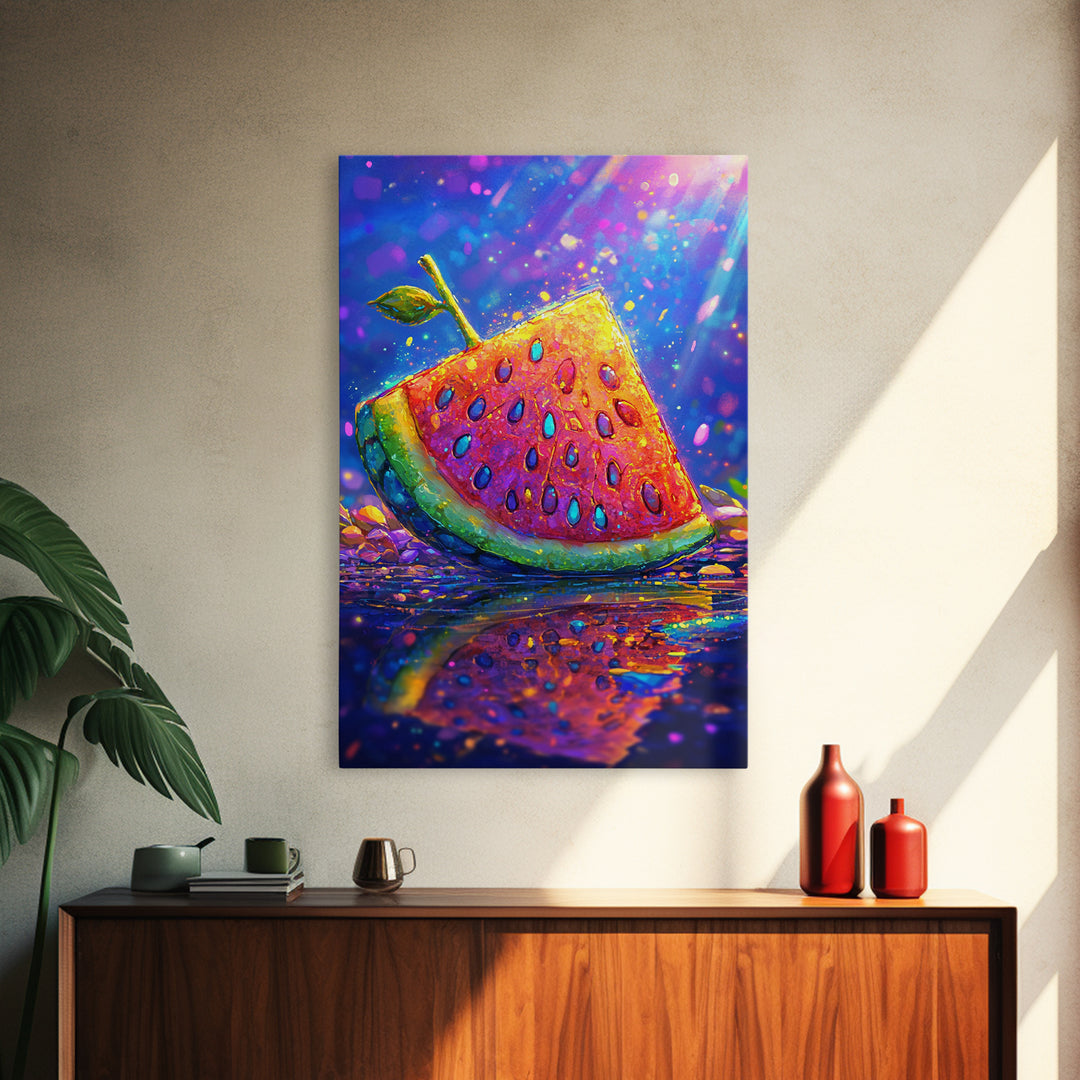 Juicy Watermelon Slice With Sprout Wall Art, Colorful Fruit Art Print, Summer Kitchen Decor, Whimsical Canvas Print Gift