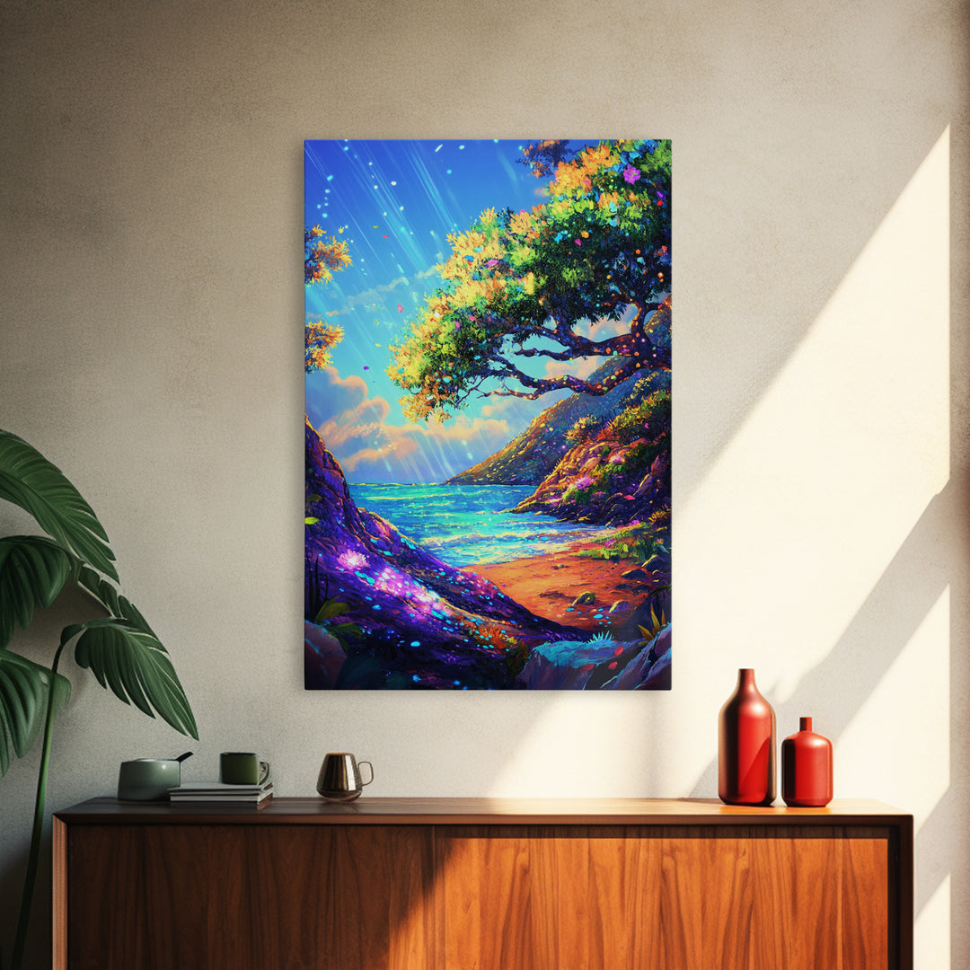 Sunlit Coastal Cove And Tree Wall Art, Vibrant Ocean Landscape Art Print, Tropical Beach House Decor, Large Canvas Print