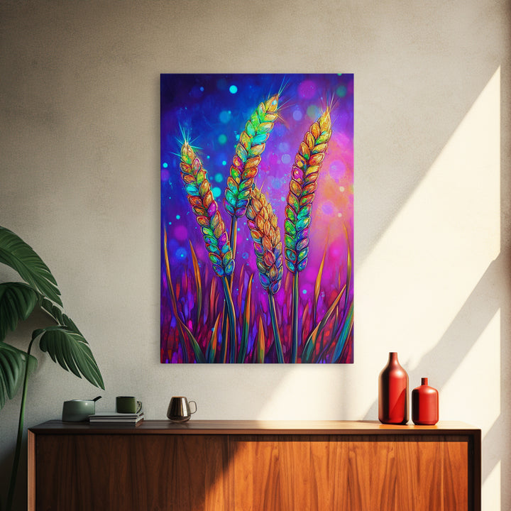 Colorful Wheat Stalks In Light Wall Art, Rustic Farmhouse Decor, Botanical Nature Art Print, Vibrant Kitchen Canvas Print