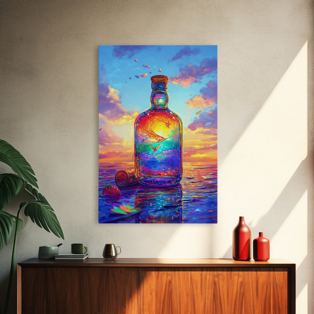 Sunset Ocean In Glass Bottle Wall Art, Surreal Seascape Art Print, Coastal Beach House Decor, Whimsical Canvas Print Gift