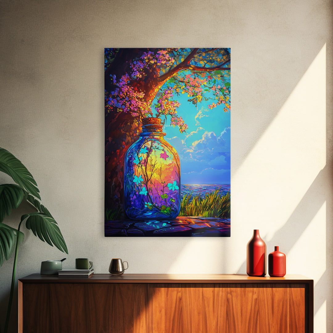Glowing Jar Under Flowering Tree Wall Art, Whimsical Botanical Landscape, Coastal Nature Decor, Vibrant Canvas Print Gift
