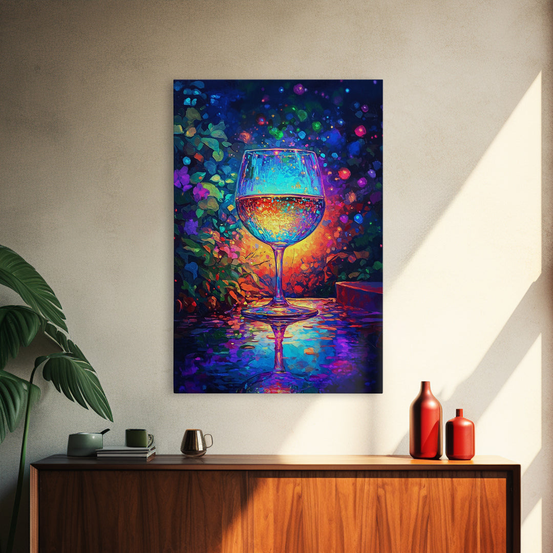 Glowing Wine Glass On Dark Table Canvas Print, Colorful Bar Wall Art, Kitchen Decor, Wine Lover Gift, Dining Room Art Print
