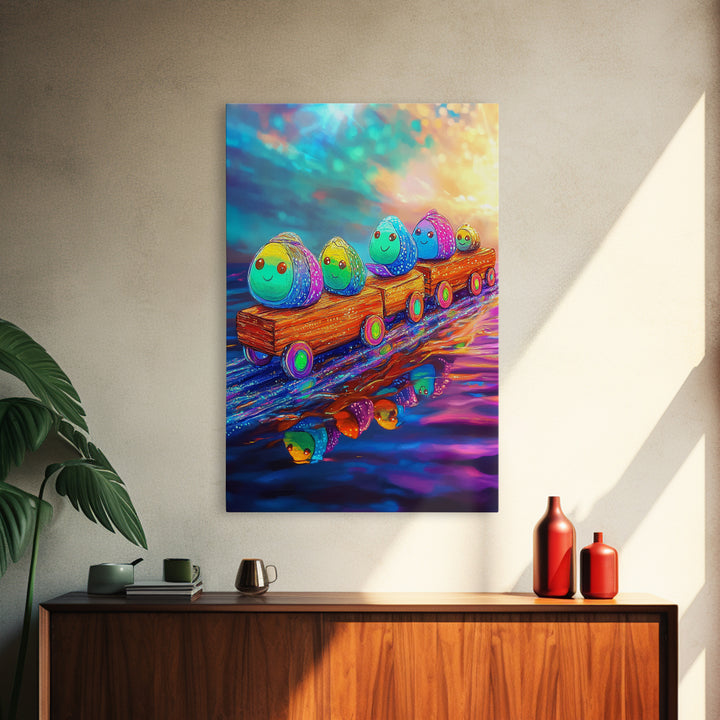 Smiling Rainbow Egg Train Canvas Print, Whimsical Kids Room Wall Art, Colorful Nursery Decor, Cute Playroom Art, Baby Shower Gift