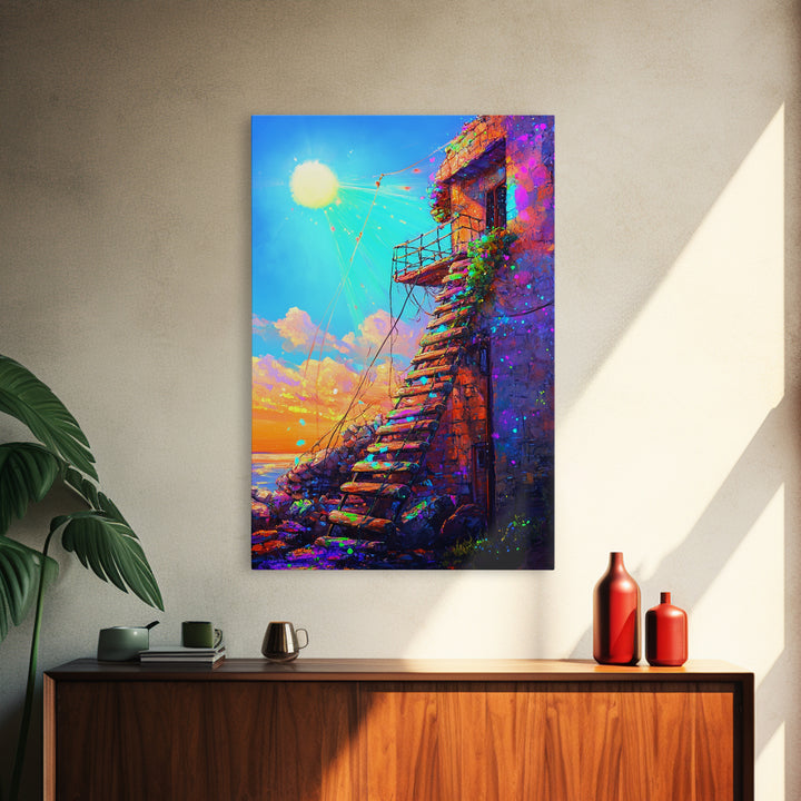 Sunlit Stone Stairway By The Sea Canvas Print, Coastal Wall Art, Mediterranean Landscape, Sunset Travel Home Decor Gift For Her