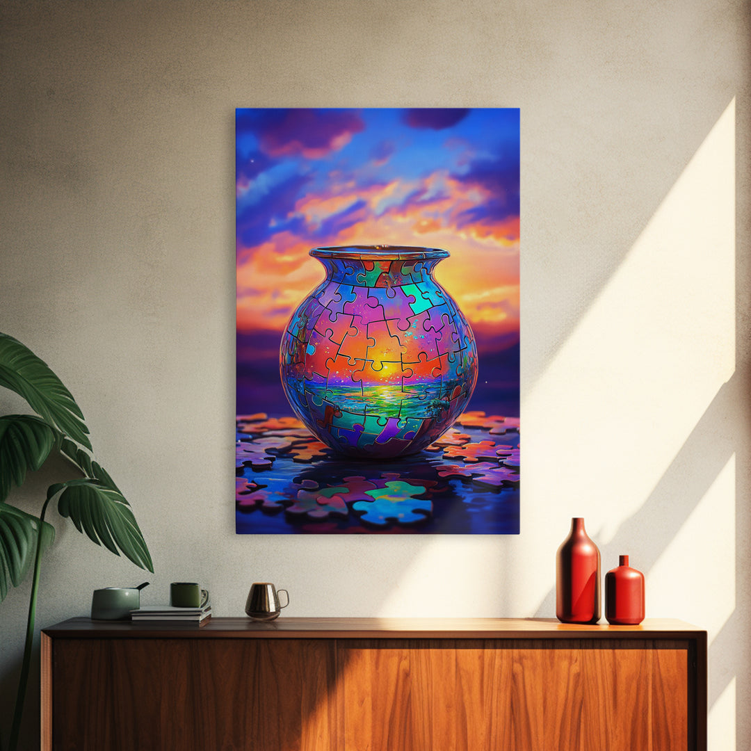 Puzzle Piece Vase With Ocean Sunset Canvas Print, Colorful Wall Art, Whimsical Seascape, Living Room Coastal Home Decor Gift