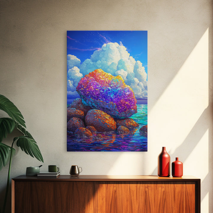Rainbow Crystal Rocks Beside Blue Sea Canvas Print, Coastal Wall Art, Colorful Nature Art, Ocean Landscape Home Decor Gift