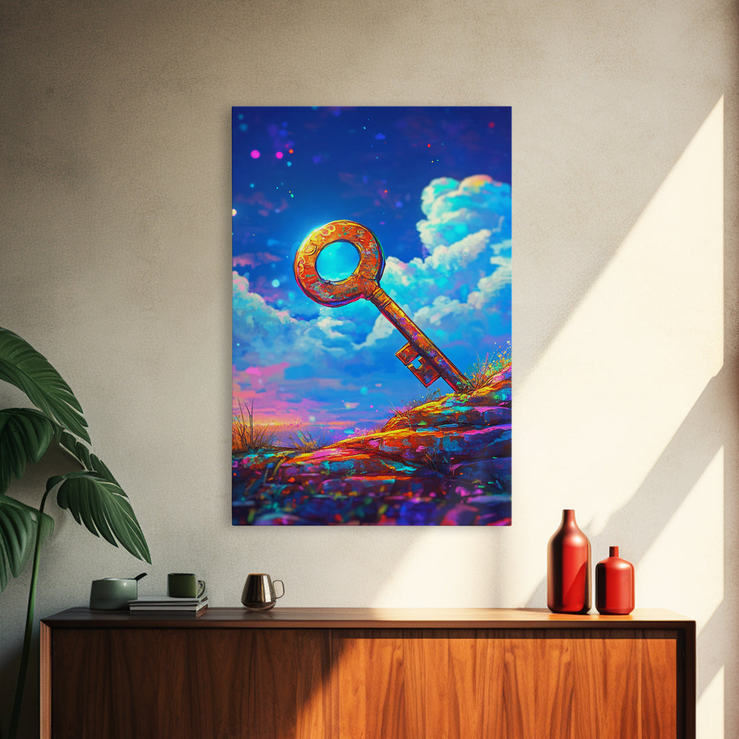 Golden Key On Dreamy Hilltop Canvas Print, Whimsical Wall Art, Fantasy Decor, Celestial Art, Unique Gift, Kids Room Decor