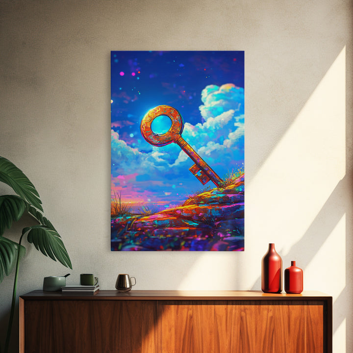 Golden Key On Dreamy Hilltop Canvas Print, Whimsical Wall Art, Fantasy Decor, Celestial Art, Unique Gift, Kids Room Decor