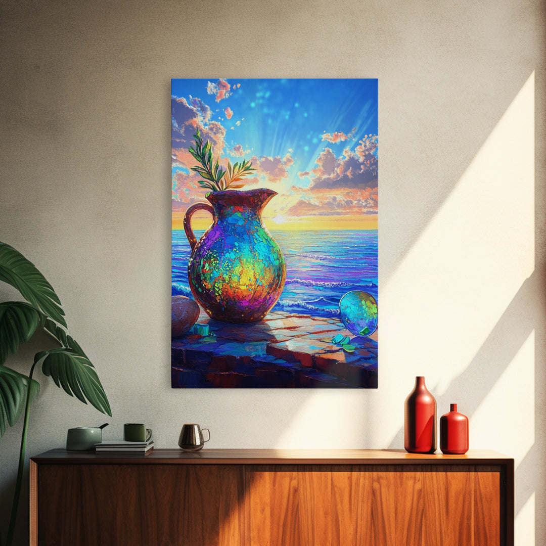 Iridescent Pitcher By Ocean Sunset Wall Art, Coastal Wall Art Print, Mediterranean Decor For Beach House Home Decor Gift