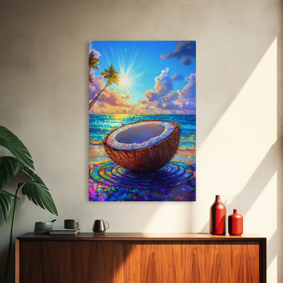 Sunlit Coconut On Tropical Beach Canvas Print, Coastal Wall Art, Beach House Decor, Summer Kitchen Art, Ocean Lover Gift