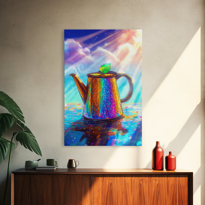 Radiant Rainbow Teapot With Leaf Canvas Print, Colorful Kitchen Wall Art, Tea Lover Gift, Whimsical Home Decor Poster Print