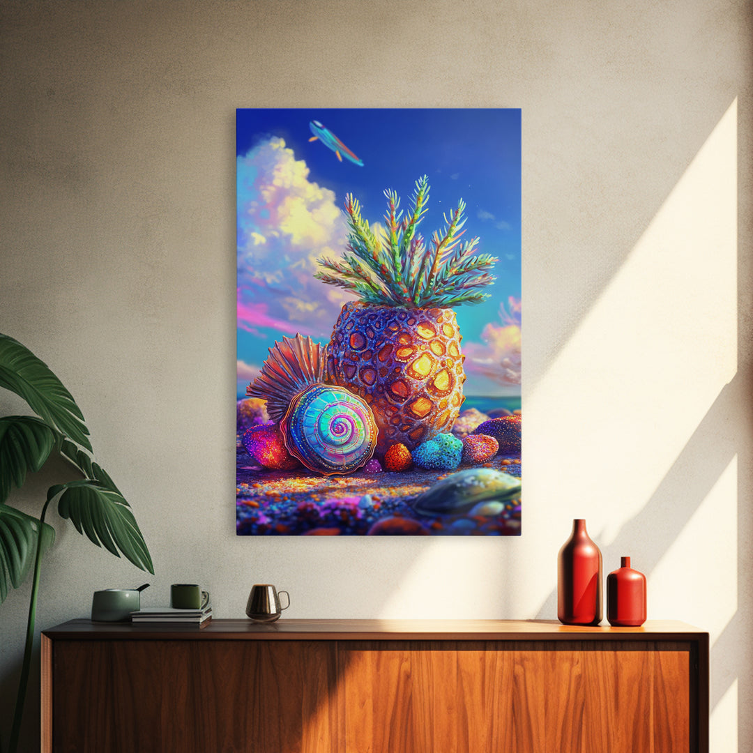 Surreal Pineapple And Seashell Canvas Print, Tropical Beach Wall Art, Colorful Coastal Decor, Whimsical Kitchen Art Print