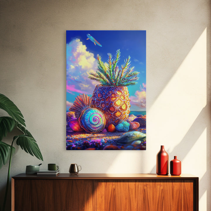 Surreal Pineapple And Seashell Canvas Print, Tropical Beach Wall Art, Colorful Coastal Decor, Whimsical Kitchen Art Print