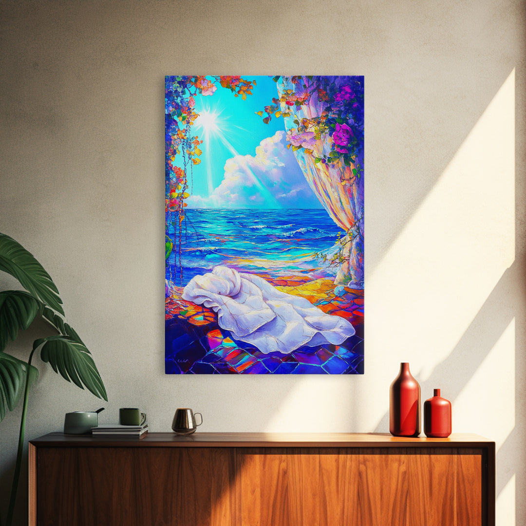 Sunlit Ocean Window And Draped Bed Framed Canvas Print, Coastal Wall Art, Beach House Decor, Romantic Seascape Bedroom Decor