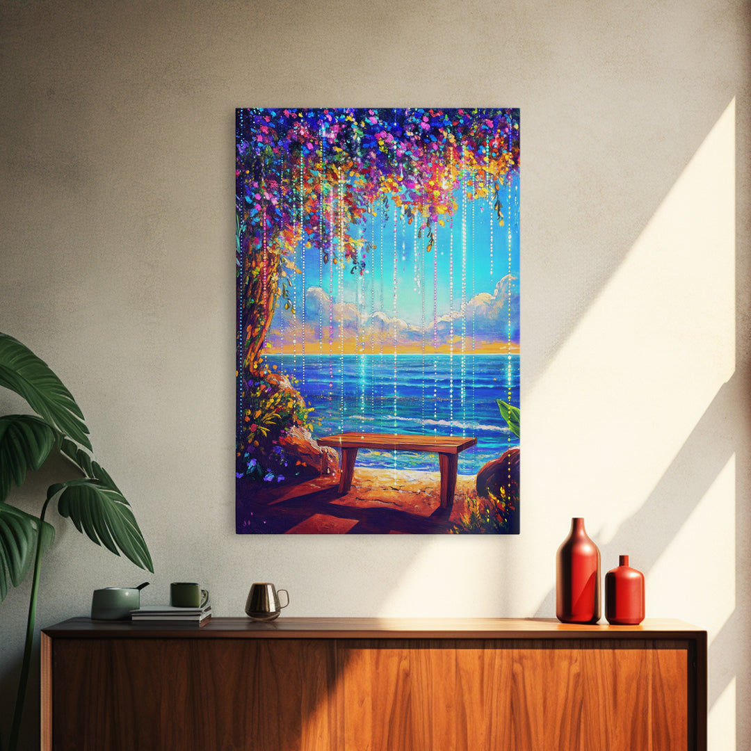 Flower Canopy Ocean Bench Framed Canvas Print, Coastal Wall Art, Tropical Beach House Decor, Romantic Seaside Artwork For Living Room