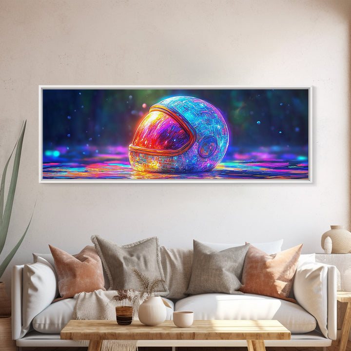 Neon Astronaut Helmet On Cosmic Rain Canvas Print, Futuristic Space Wall Art, Sci Fi Decor, Gamer Room Decor, Gift For Him
