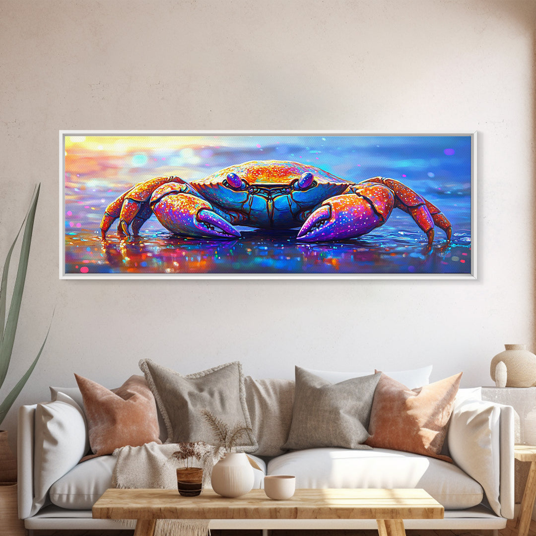 Vibrant Rainbow Crab On Wet Beach Wall Art, Coastal Ocean Animal Art, Colorful Beach House Decor, Nautical Canvas Print Art