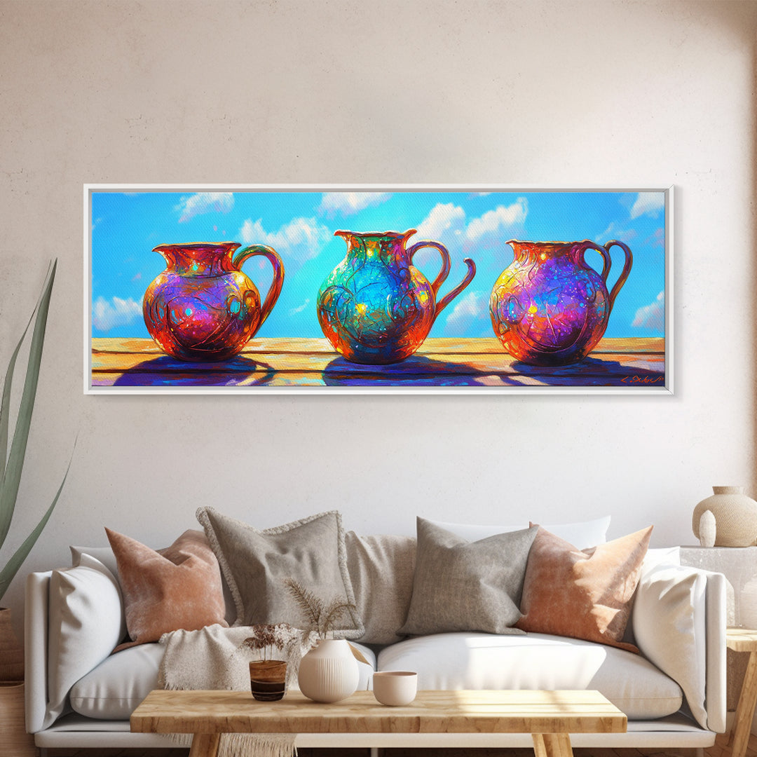 Three Colorful Ceramic Pitchers In Sunlit Courtyard Wall Art, Rustic Kitchen Decor, Mediterranean Canvas Print, Dining Room Art